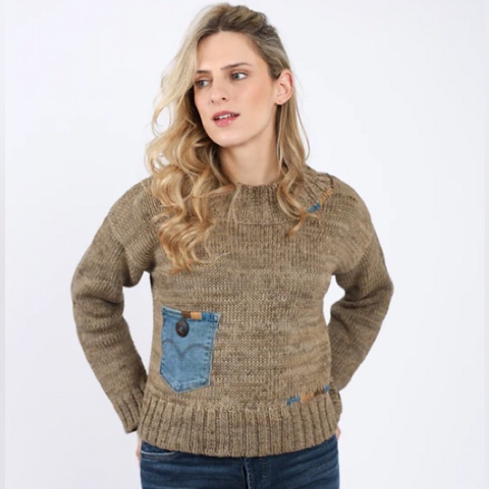 Shannon Passero Thelma Sweater Women’s Small Beige Knit Denim Pocket Cozy EUC